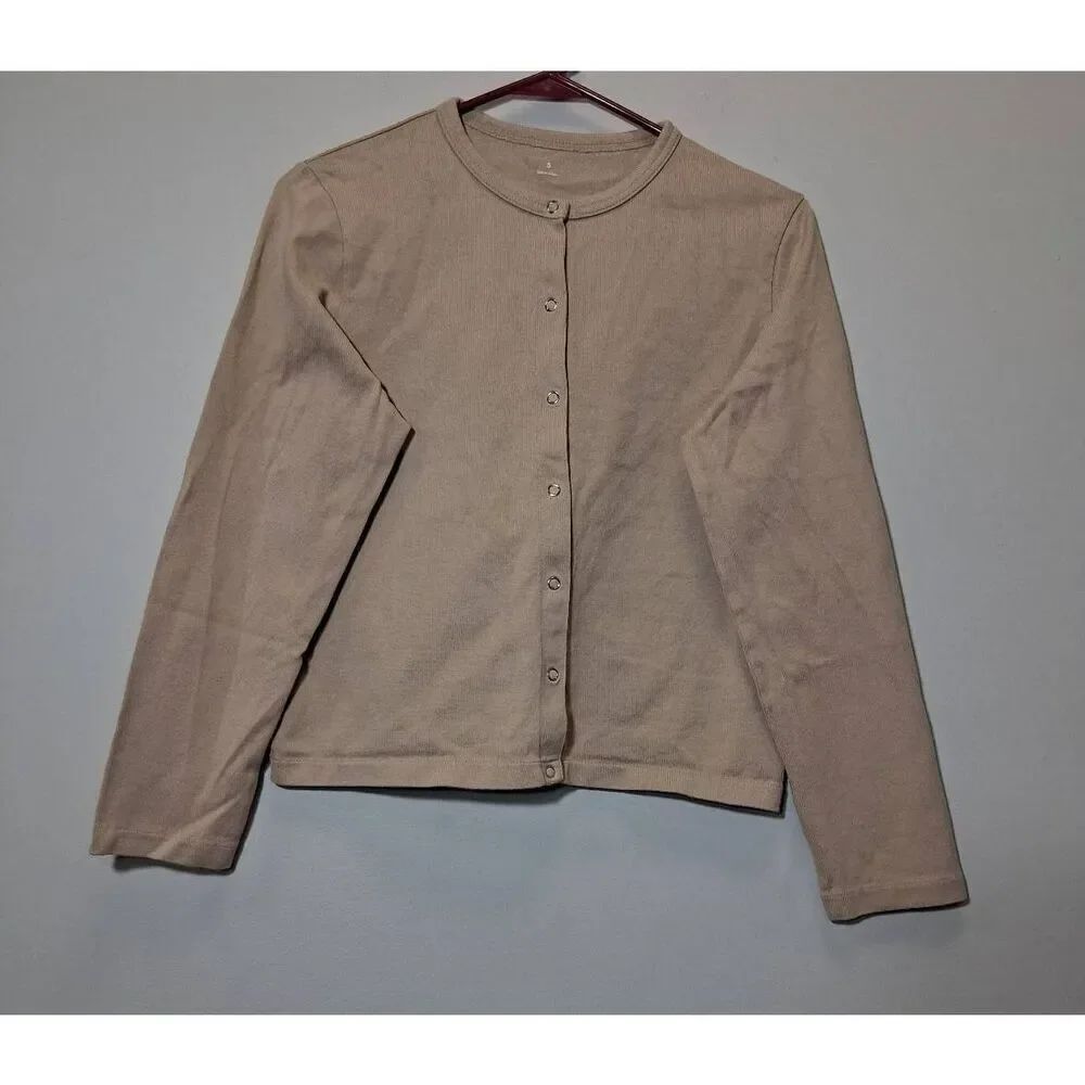 Muji womens small boxy tan longsleeve shirt cotton snap button minimalist